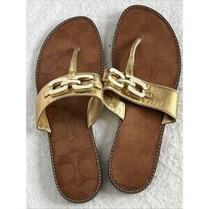 COACH Leather Sandal Thong Gold Metallic Enamel CC Womens 7.5 Resort Wear